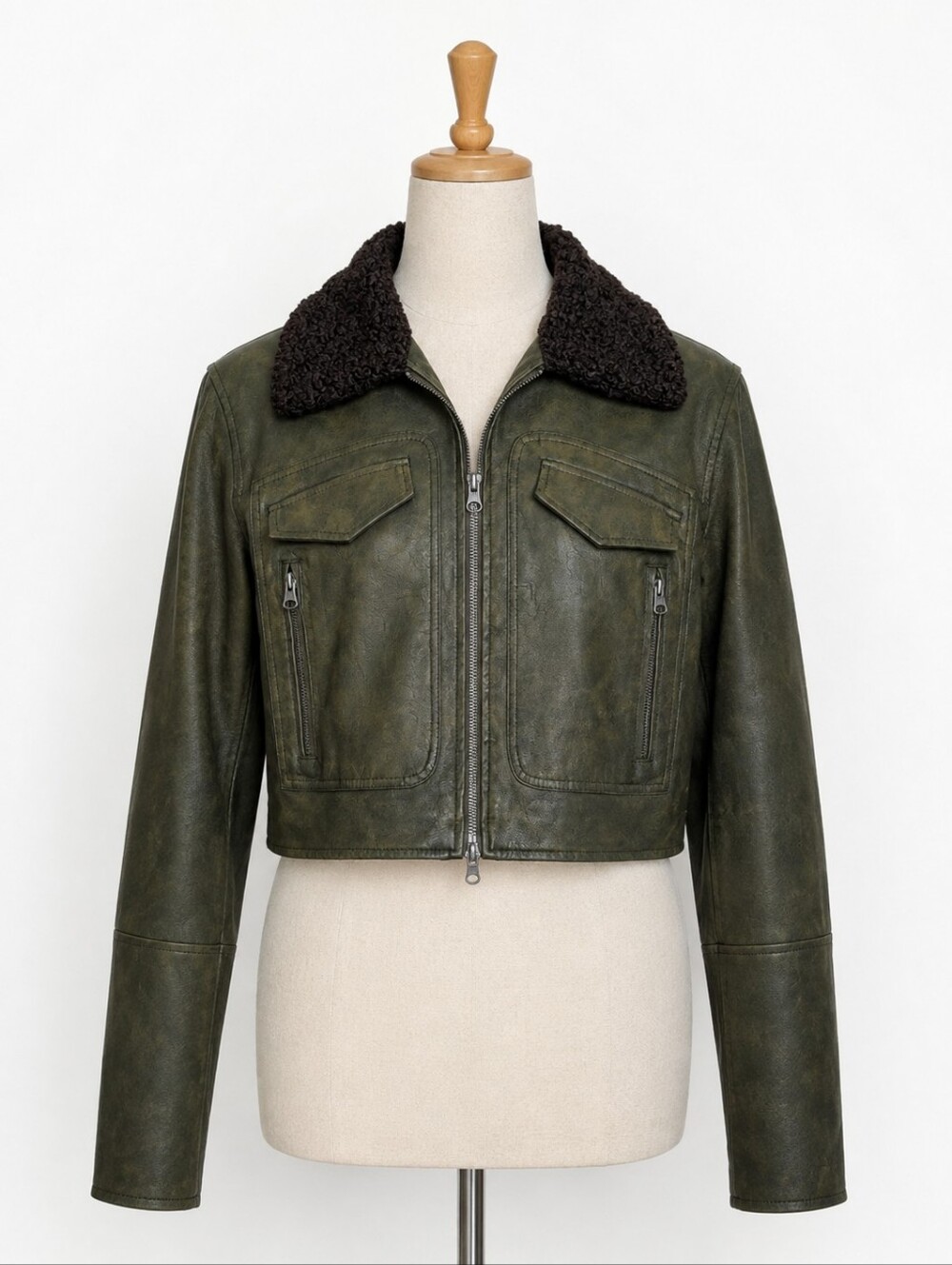 BDG Urban Outfitters Forest Green Faux Leather Sherpa Collar Cropped Jacket Size